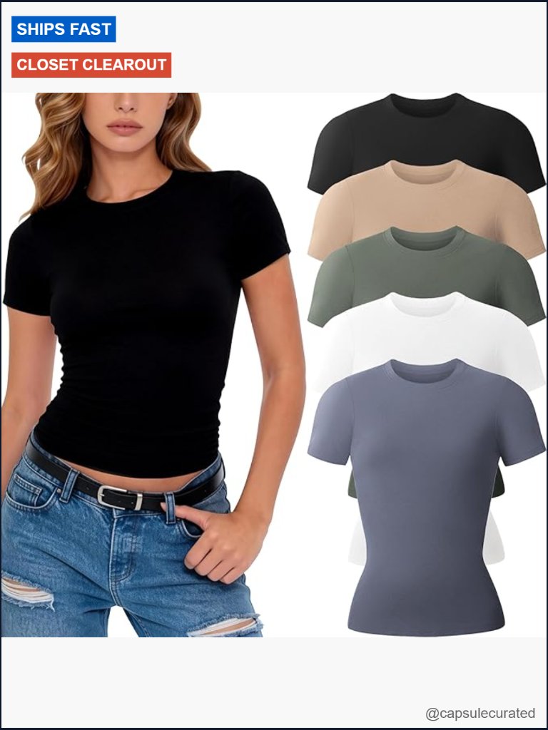 5 Pack Women's Crew Neck Short Sleeve T-Shirts Basic Tees Fitted Stretchy